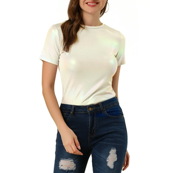 INSPIRE CHIC Women's Metallic Textured Short Sleeve Shiny Party Tops L Light Silver