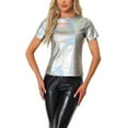 thumbnail image 1 of INSPIRE CHIC Women's Metallic Textured Short Sleeve Shiny Party Tops L Shiny Silver, 1 of 6