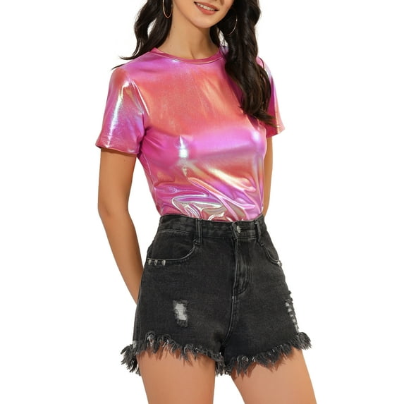 INSPIRE CHIC Women's Metallic Textured Short Sleeve Shiny Party Tops M Pink