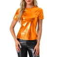 thumbnail image 1 of INSPIRE CHIC Women's Metallic Textured Short Sleeve Shiny Party Tops S Orange, 1 of 6