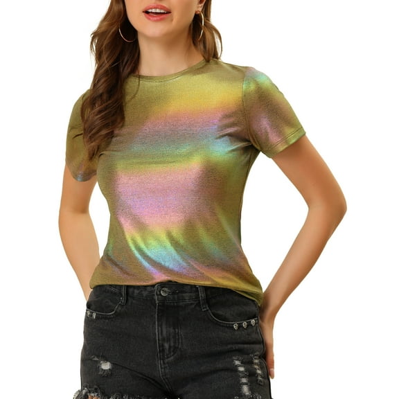 INSPIRE CHIC Women's Metallic Textured Short Sleeve Shiny Party Tops S Rainbow
