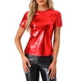 thumbnail image 1 of INSPIRE CHIC Women's Metallic Textured Short Sleeve Shiny Party Tops XL Shiny Red, 1 of 6