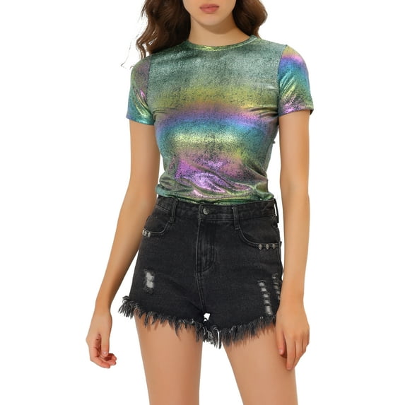 INSPIRE CHIC Women's Metallic Textured Short Sleeve Shiny Party Tops XS Green
