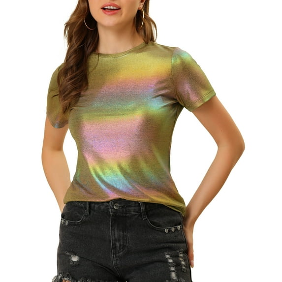 Allegra K Women's Party Metallic Textured Short Sleeve Shiny Multi Color Tops