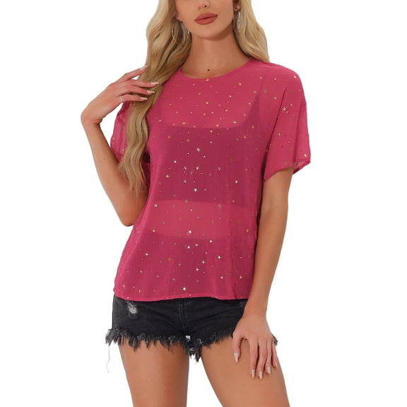 INSPIRE CHIC Women's Party Sheer Short Sleeve Gilding Shiny Metallic Stars Top