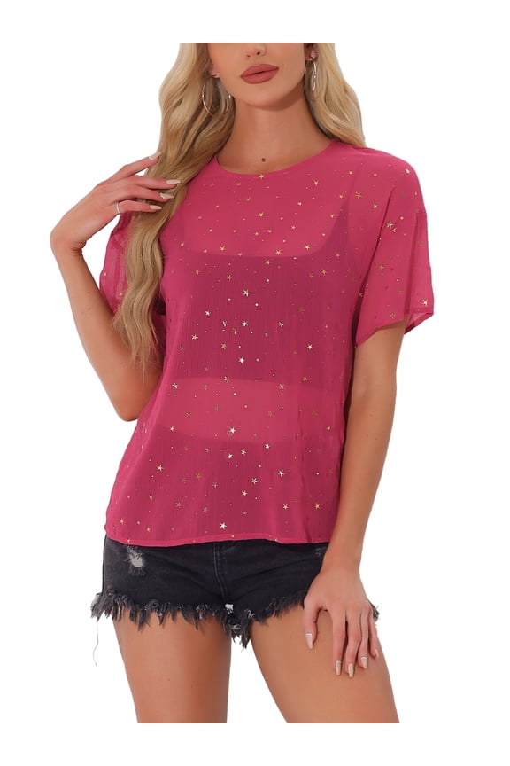 Women's Party Sheer Short Sleeve Gilding Shiny Metallic Stars Top XS Hot Pink