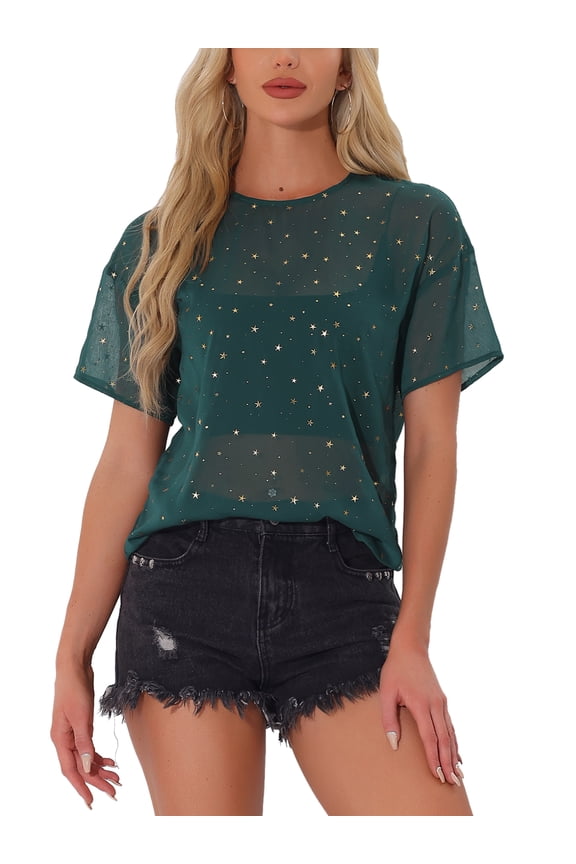 Women's Party Sheer Short Sleeve Gilding Shiny Metallic Stars Top XS Dark Green