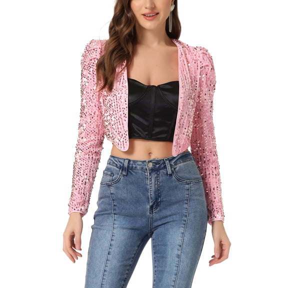 INSPIRE CHIC Women's Party Shiny Sequin Long Sleeve Open Front Shrug Cropped Jacket XL Pink