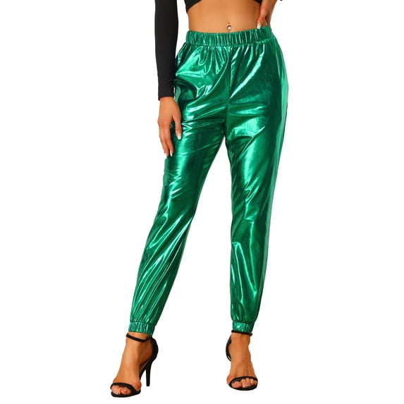 INSPIRE CHIC Women's Party Sparkle Shiny High Waist Metallic Holographic Pants M Green