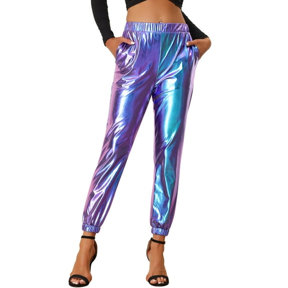 INSPIRE CHIC Women's Party Sparkle Shiny High Waist Metallic Holographic Pants S Blue Purple