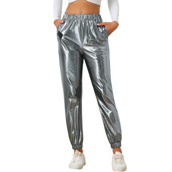 INSPIRE CHIC Women's Party Sparkle Shiny High Waist Metallic Holographic Pants XS Silver Grey