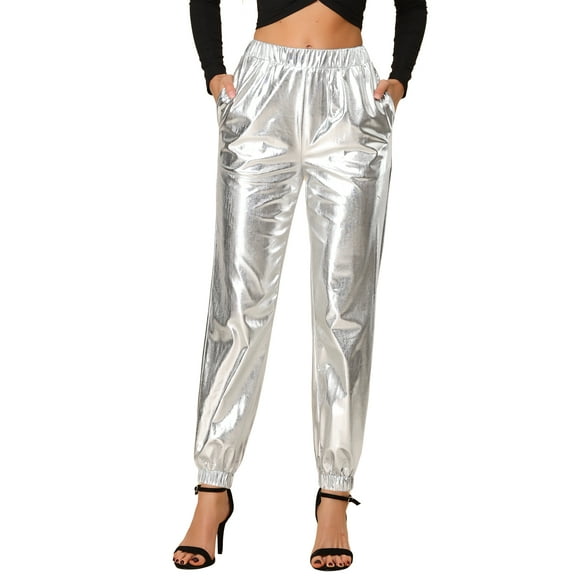 INSPIRE CHIC Women's Party Sparkle Shiny High Waist Metallic Holographic Pants XS Silver