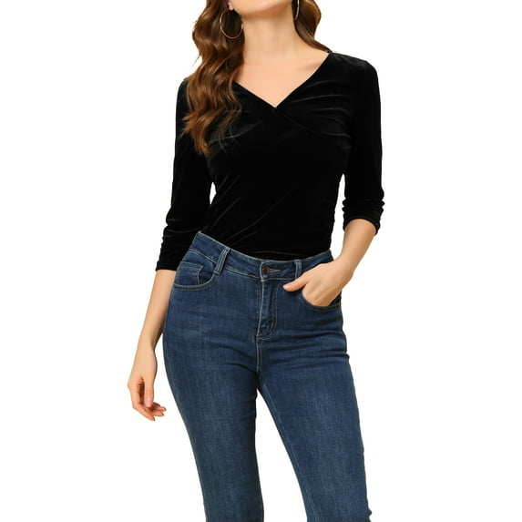 Allegra K Women's Party V Neck Casual 3/4 Sleeve Ruched Cross Wrap Velvet Blouse