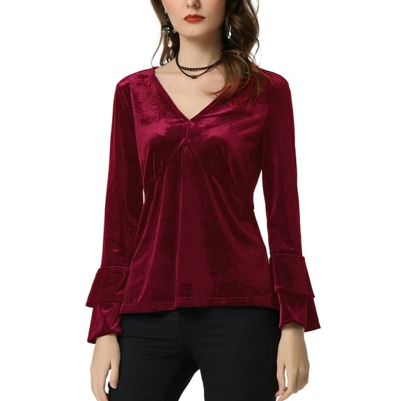INSPIRE CHIC Women's Party V Neck Flare Long Sleeve Velvet Peplum Blouse S Burgundy