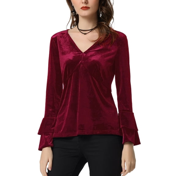 INSPIRE CHIC Women's Christmas V Neck Velvet Blouse Halloween Party Flare Long Sleeve Peplum Top S Burgundy