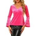 thumbnail image 1 of INSPIRE CHIC Women's Christmas V Neck Velvet Blouse Halloween Party Flare Long Sleeve Peplum Top S Hot Pink, 1 of 6