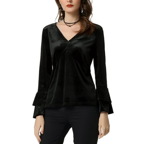 INSPIRE CHIC Women's Christmas V Neck Velvet Blouse Halloween Party Flare Long Sleeve Peplum Top XL Black