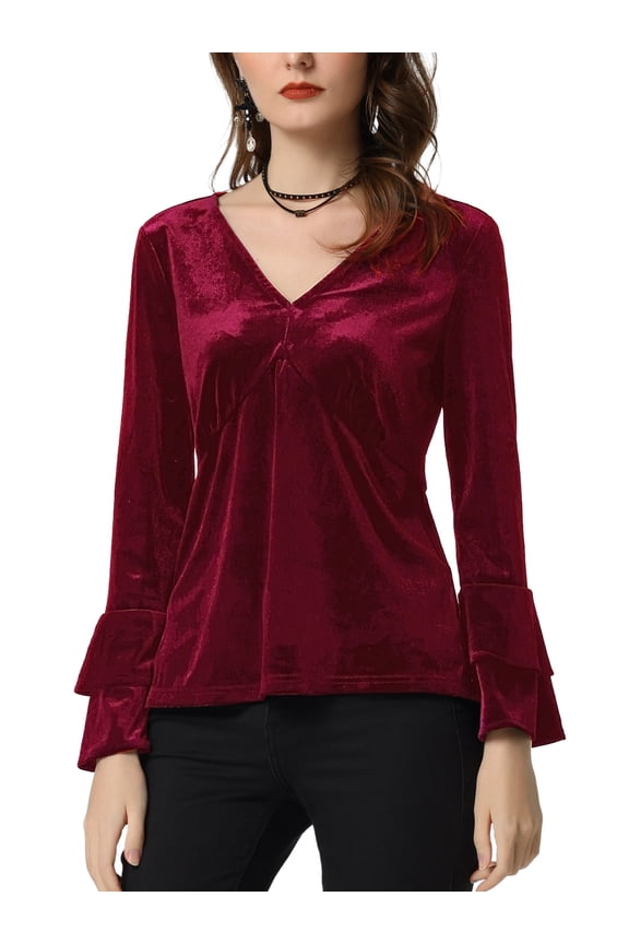 Women's Christmas V Neck Velvet Blouse Halloween Party Flare Long Sleeve Peplum Top XL Burgundy