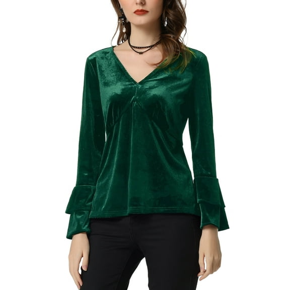 INSPIRE CHIC Women's Party V Neck Flare Long Sleeve Velvet Peplum Blouse XL Dark Green