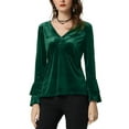 thumbnail image 1 of INSPIRE CHIC Women's Christmas V Neck Velvet Blouse Halloween Party Flare Long Sleeve Peplum Top XL Dark Green, 1 of 7
