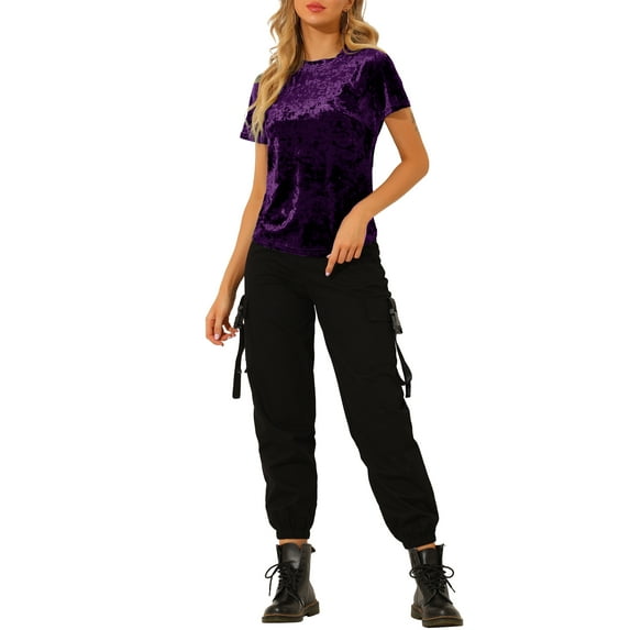 INSPIRE CHIC Women's Party Velvet Shirt Crew Neck Short Sleeve Casual T-Shirt 3XL Purple