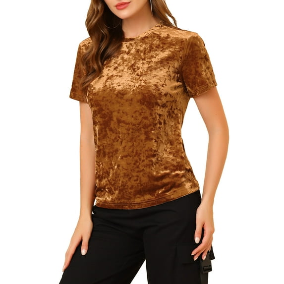 INSPIRE CHIC Women's Party Velvet Top Crew Neck Short Sleeve Casual T-Shirt S Brown
