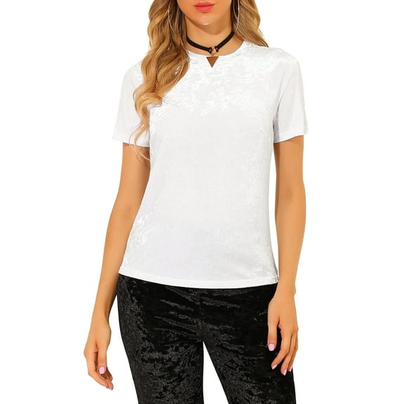 INSPIRE CHIC Women's Party Velvet Shirt Crew Neck Short Sleeve Casual T-Shirt S White