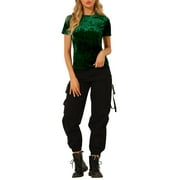 INSPIRE CHIC Women's Party Velvet Top Crew Neck Short Sleeve Casual T-Shirt XS Green