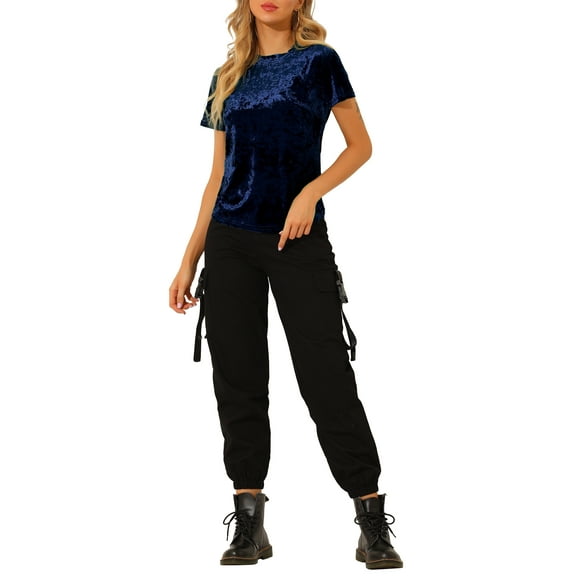 INSPIRE CHIC Women's Party Velvet Shirt Crew Neck Short Sleeve Casual T-Shirt XS Royal Blue