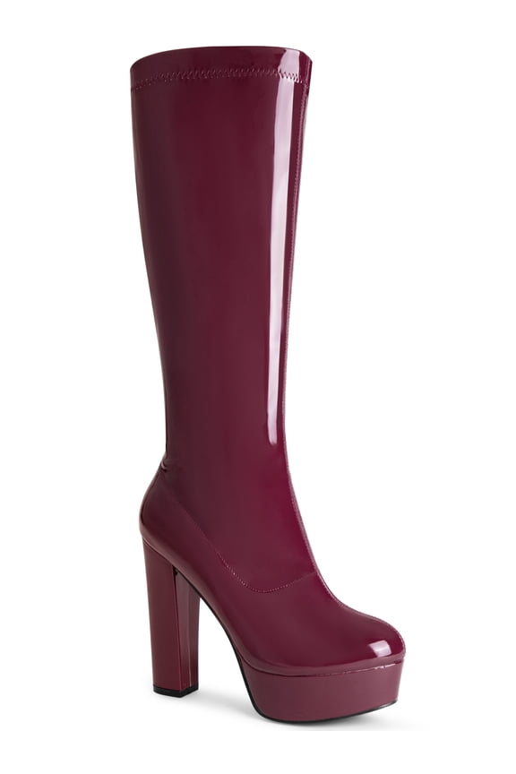 Women's Patent Leather Platform Chunky Heel Knee High Boots Burgundy 7
