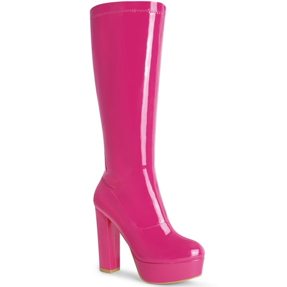 BLISSFUL STEP Women's Patent Leather Platform Chunky Heel Knee High Boots Hot Pink 8