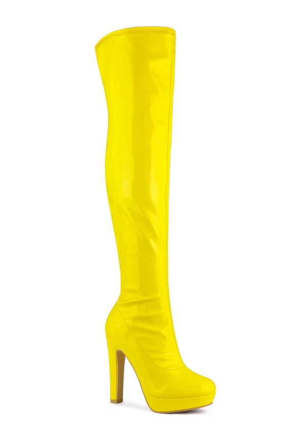 Women's Patent Leather Chunky Heel Platform Over Knee Prom High Boots Yellow 8.5