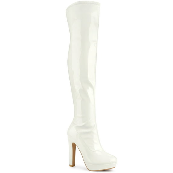 BLISSFUL STEP Women's Patent Leather Chunky Heel Platform Over Knee Prom High Boots White 7.5