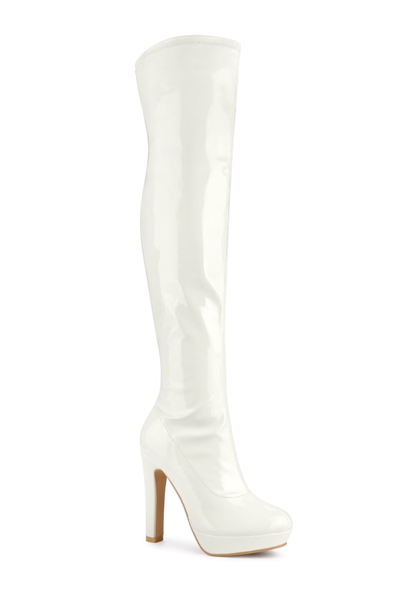 Women's Patent Leather Chunky Heel Platform Over Knee Prom High Boots White 7.5