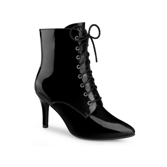 BLISSFUL STEP Women's Patent Leather Pointed Toe Lace Up Stiletto Heel Ankle Boots Black 7