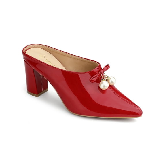 BLISSFUL STEP Women's Pearl Bow Block Heel Slides Mules Red 11