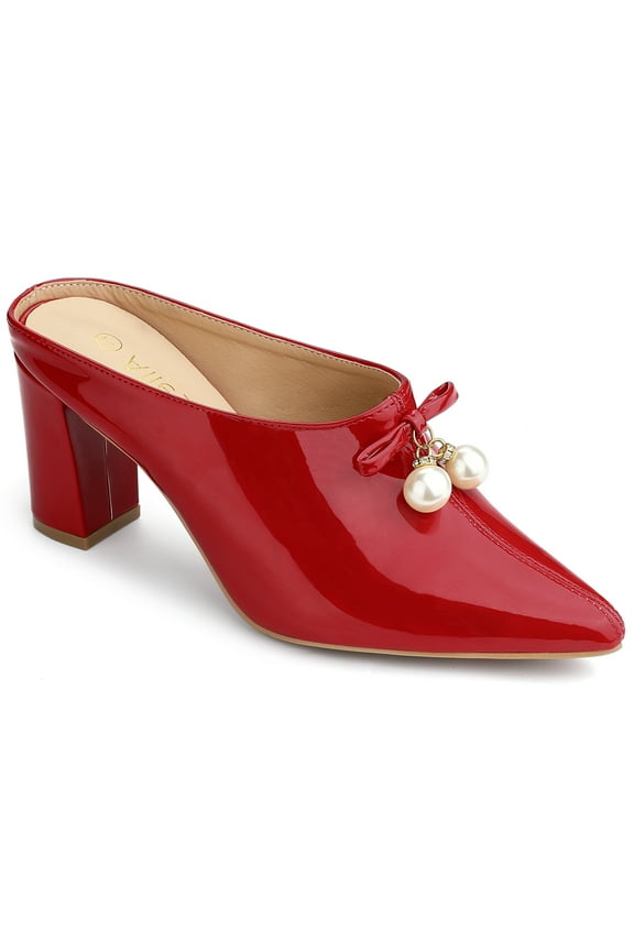 Women's Pearl Bow Block Heel Slides Mules Red 10