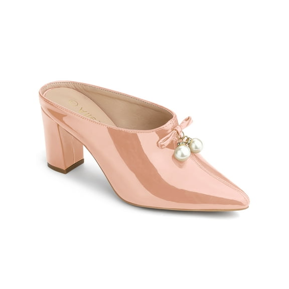 BLISSFUL STEP Women's Pearl Bow Block Heel Slides Mules Nude 9