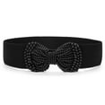 thumbnail image 1 of INSPIRE CHIC Women's Pearl Press Stud Button Stretchy Textured Cinch Belt Black, 1 of 4