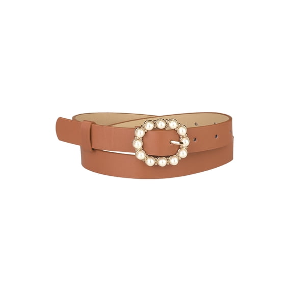 INSPIRE CHIC Women's Pearl Waistband Skinny Leather Adjustable Pin Buckle Belt for Jeans Dresses Pants 29.53"-35.43" Camel