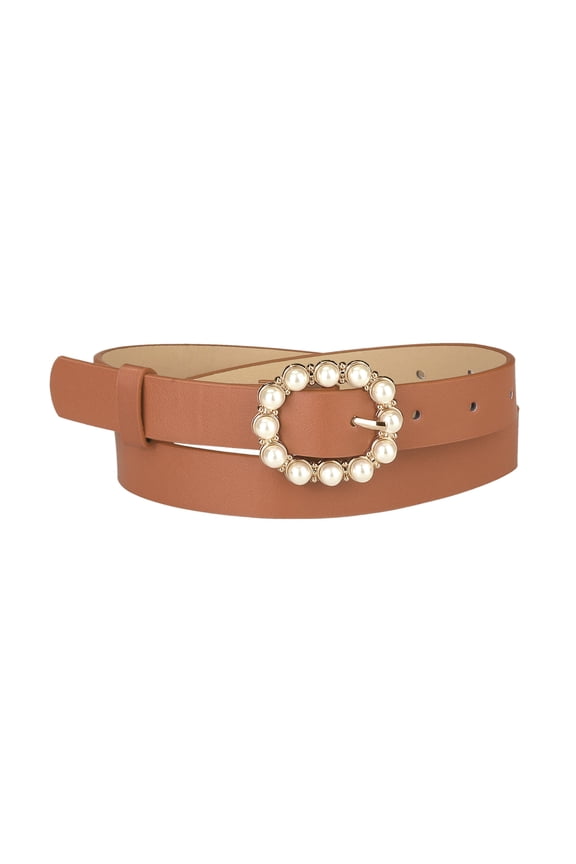 Women's Pearl Waistband Skinny Leather Adjustable Pin Buckle Belt for Jeans Dresses Pants 29.53"-35.43" Camel