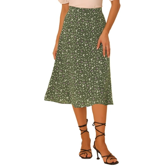 INSPIRE CHIC Women's Midi Skirts Peasant Elastic Waist A-Line Ditsy Floral Skirts L Army Green