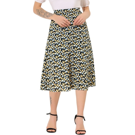 INSPIRE CHIC Women's Midi Skirts Peasant Elastic Waist A-Line Ditsy Floral Skirts L Black Blue