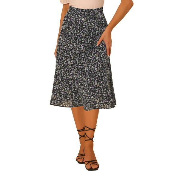 INSPIRE CHIC Women's Midi Skirts Peasant Elastic Waist A-Line Ditsy Floral Skirts L Black Purple
