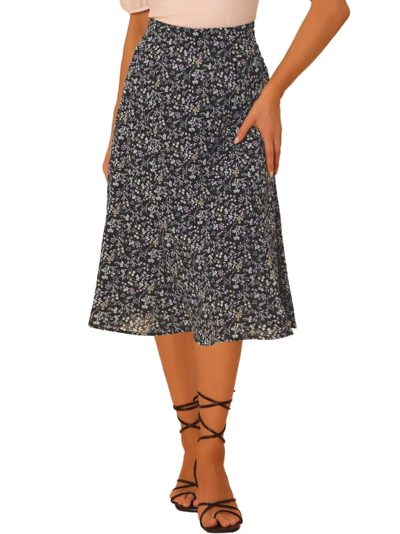 Women's Midi Skirts Peasant Elastic Waist A-Line Ditsy Floral Skirts Black Purple L
