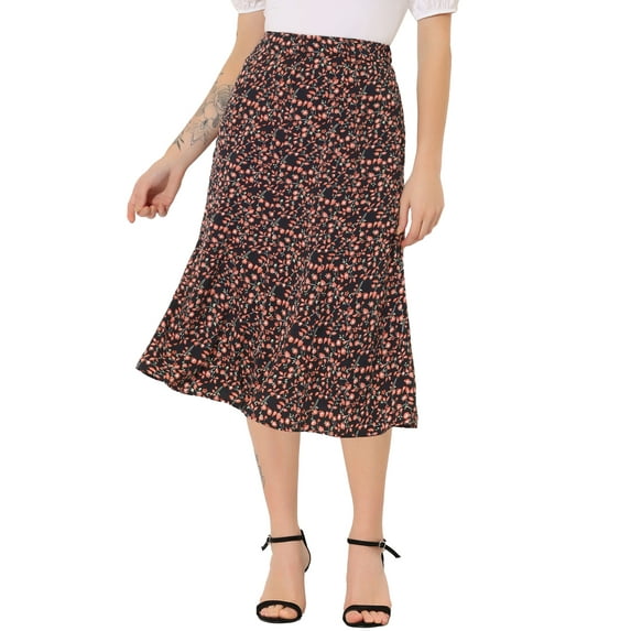 INSPIRE CHIC Women's Midi Skirts Peasant Elastic Waist A-Line Ditsy Floral Skirts L Black Red Floral