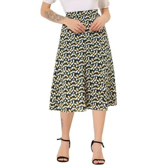 INSPIRE CHIC Women's Midi Skirts Peasant Elastic Waist A-Line Ditsy Floral Skirts M Black Blue