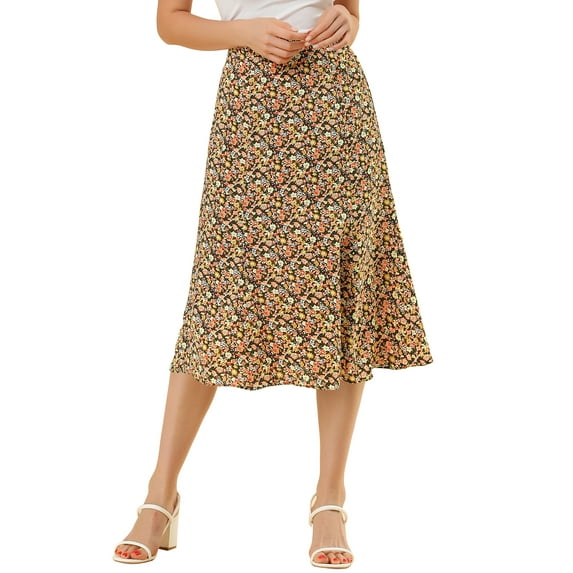 INSPIRE CHIC Women's Midi Skirts Peasant Elastic Waist A-Line Ditsy Floral Skirts M Brown Orange