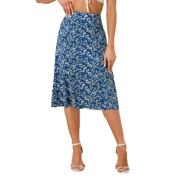 INSPIRE CHIC Women's Midi Skirts Peasant Elastic Waist A-Line Ditsy Floral Skirts S Blue