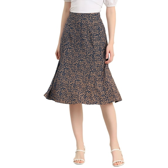 INSPIRE CHIC Women's Midi Skirts Peasant Elastic Waist A-Line Ditsy Floral Skirts S Navy Brown